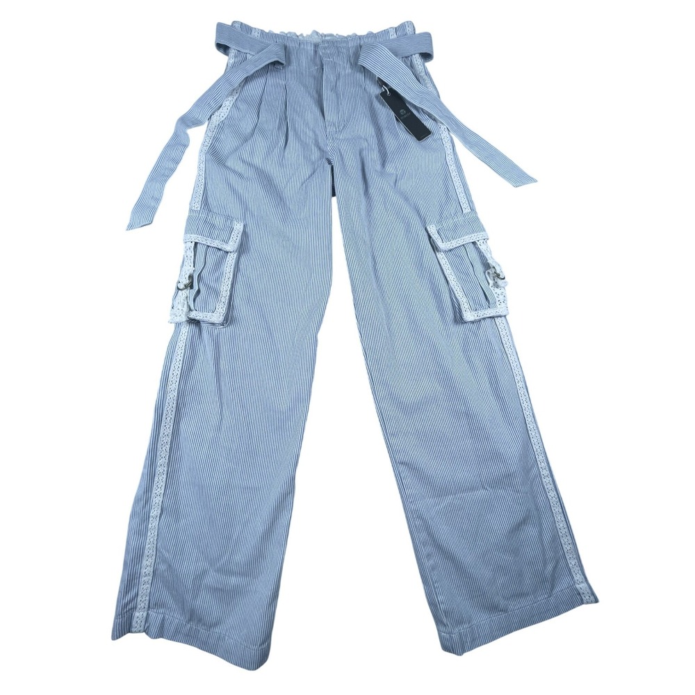 Tractr Cargo Pants Womens 14 Blue Stripe Lace Trim Paperbag Waist Wide Leg New
